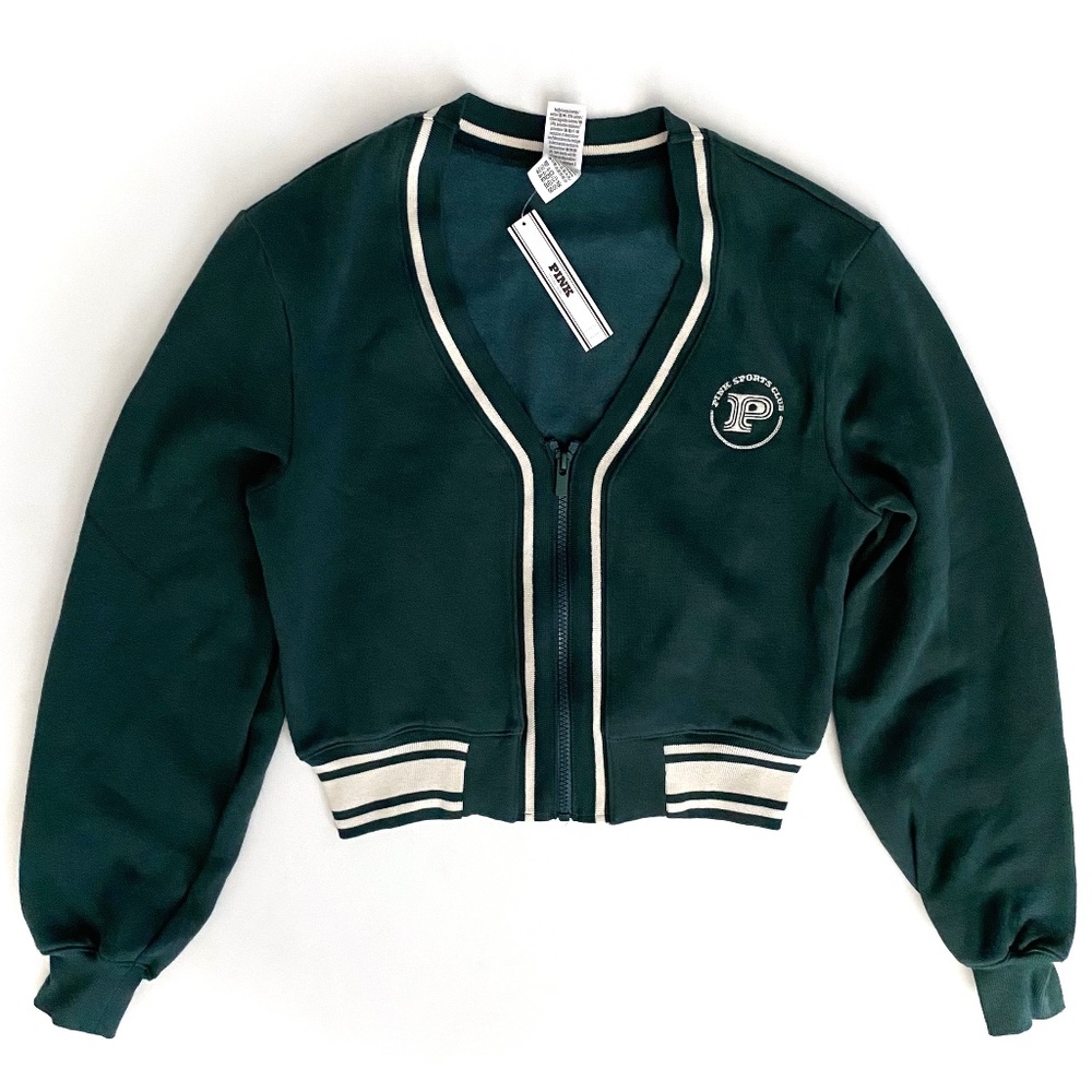 PINK Victoria's Secret Sweater Varsity Full Zip Cardigan Logo Green w Stripe XXL